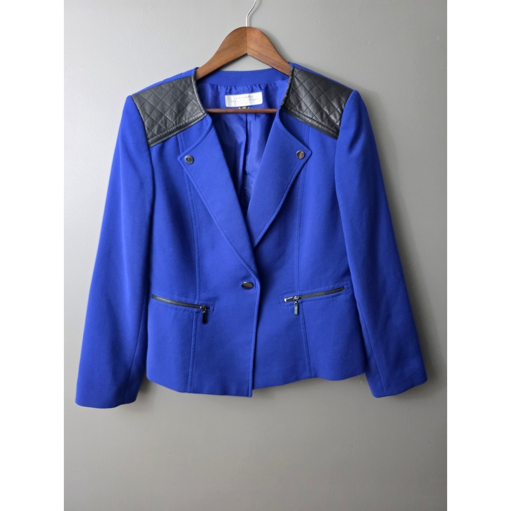 Tahari Arthur S Levine Royal Blue Blazer Quilted Faux Leather Shoulder Moto 10P